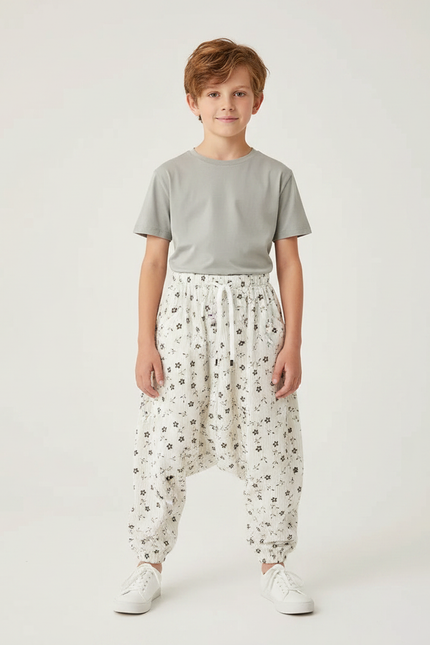 Pantalon Parachute Côtelé Fleuri Ample Enfant Blanc - Cordé