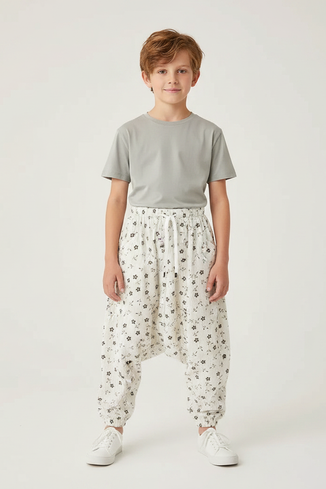 Pantalon Parachute Côtelé Fleuri Ample Enfant Blanc - Cordé