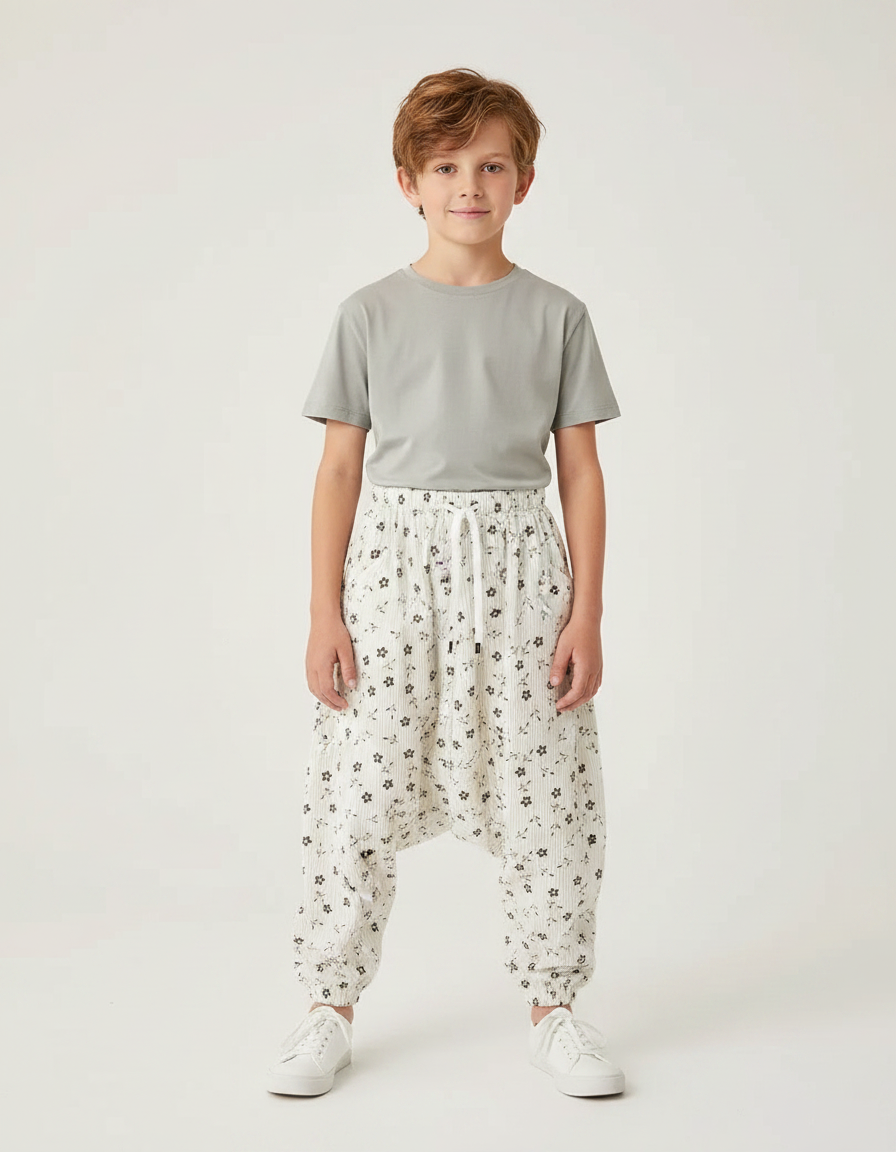 Pantalon Parachute Côtelé Fleuri Ample Enfant Blanc - Cordé