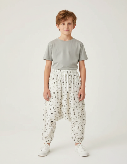 Pantalon Parachute Côtelé Fleuri Ample Enfant Blanc - Cordé