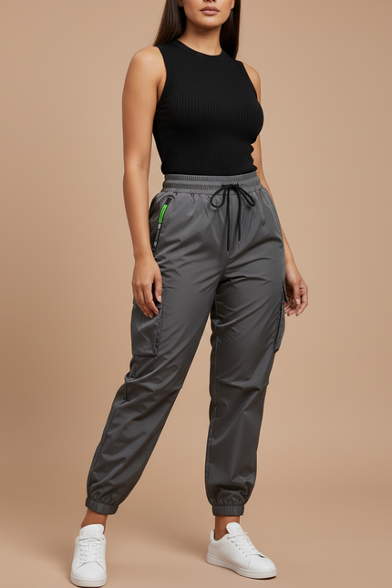Pantalon Parachute Gris Femme Ample Cargo Cordon - Polyester