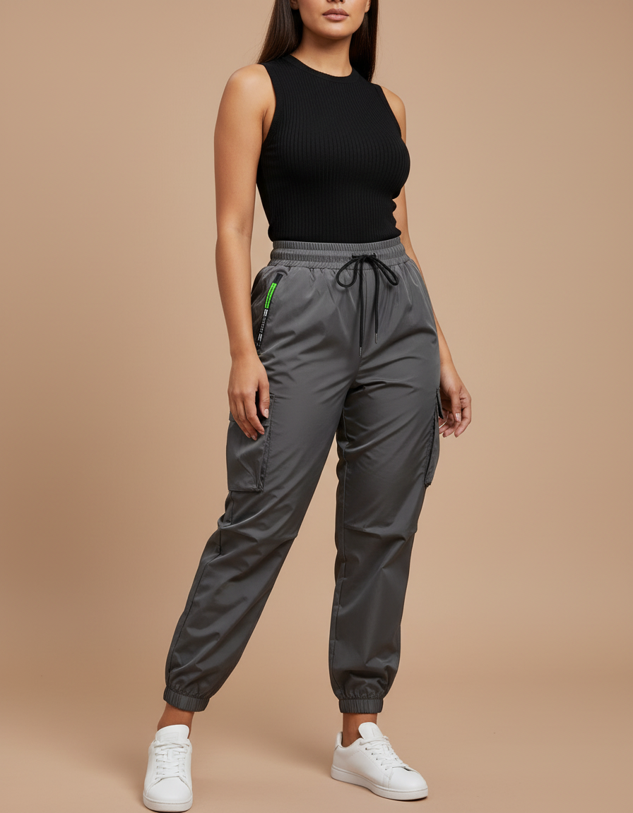 Pantalon Parachute Gris Femme Ample Cargo Cordon - Polyester