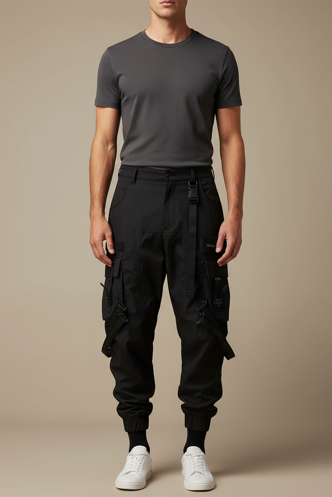 Pantalon Parachute Noir Cargo Homme Multi-poches Techwear - Polyester