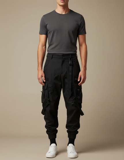 Pantalon Parachute Noir Cargo Homme Multi-poches Techwear - Polyester
