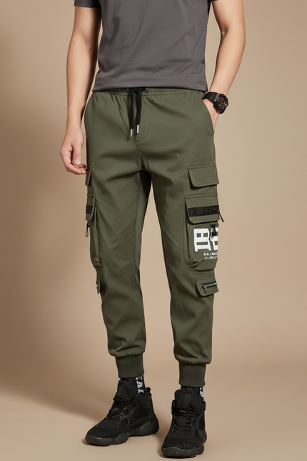 Pantalon Parachute Kaki Cargo Imprimé Jogger Homme Streetwear - Gabardine