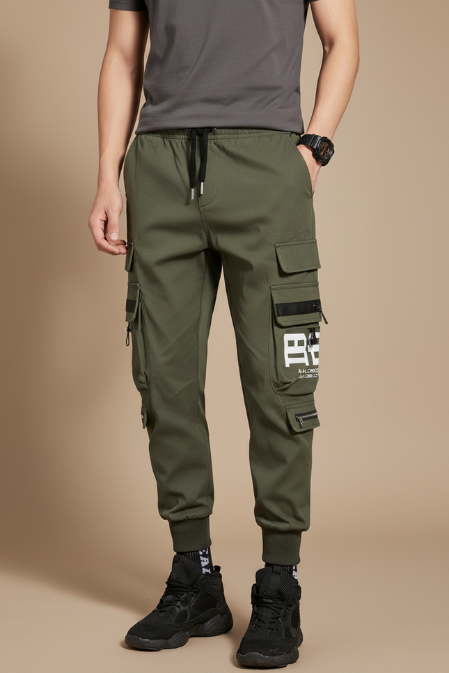 Pantalon Parachute Kaki Cargo Imprimé Jogger Homme Streetwear - Gabardine