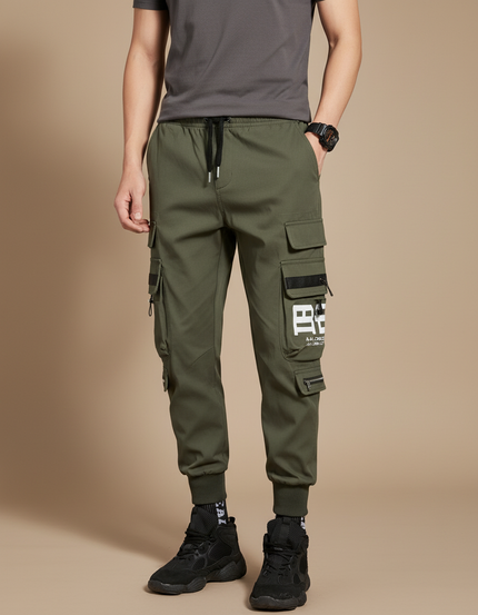 Pantalon Parachute Kaki Cargo Imprimé Jogger Homme Streetwear - Gabardine