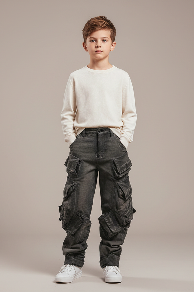 Pantalon Parachute Gris Cargo Ample Multi-poches Enfant - Jean