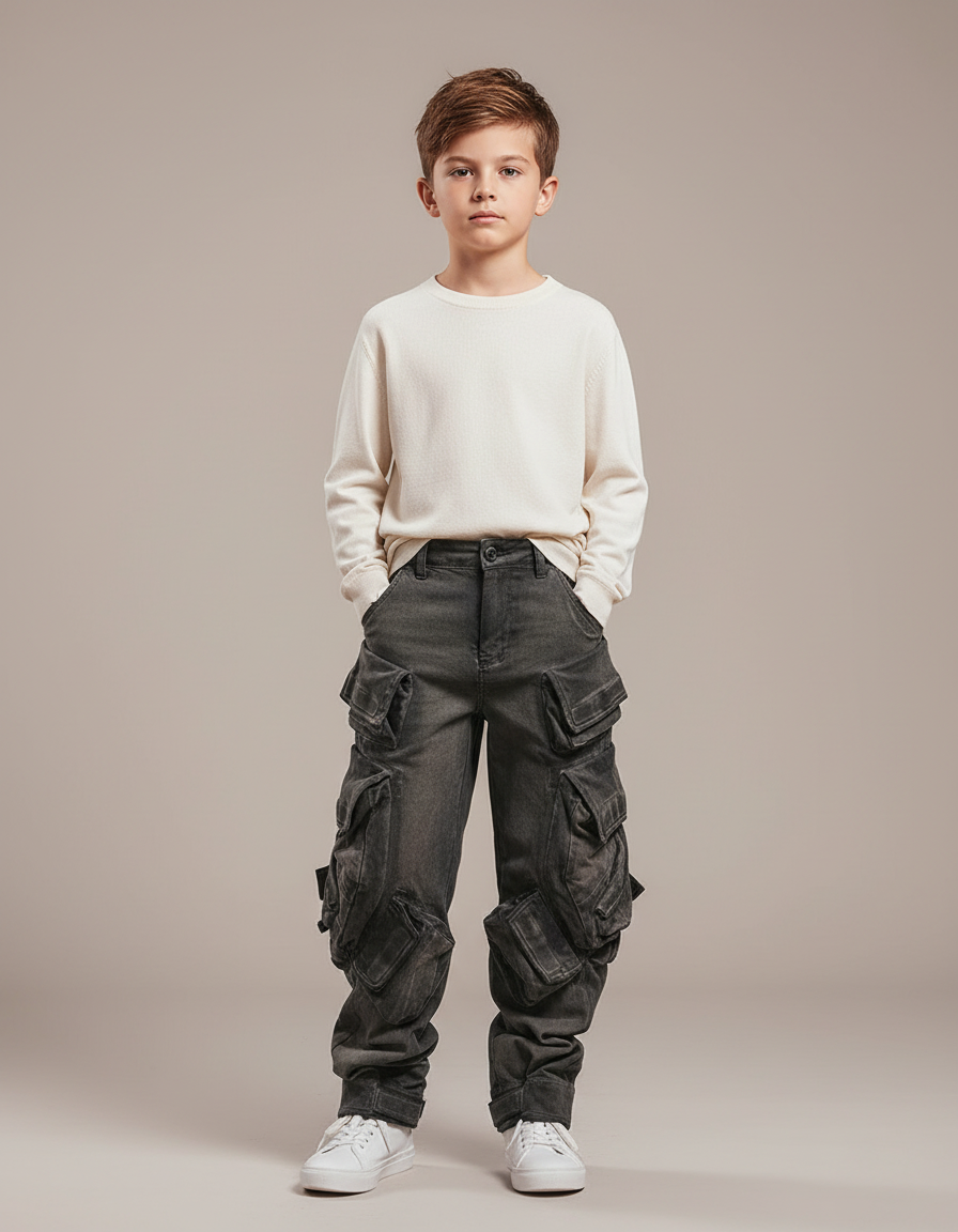 Pantalon Parachute Gris Cargo Ample Multi-poches Enfant - Jean