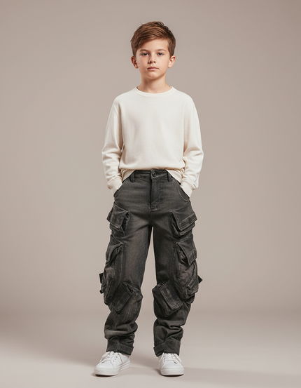 Pantalon Parachute Gris Cargo Ample Multi-poches Enfant - Jean