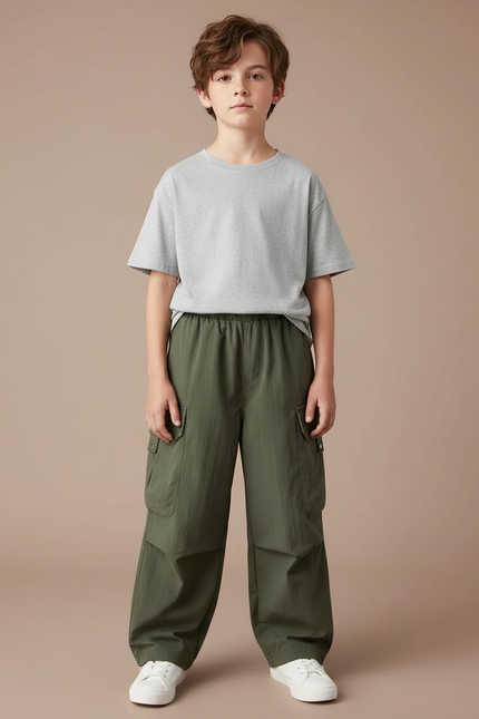 Pantalon Parachute Kaki Cargo Ample Garçon Uni - Polyester