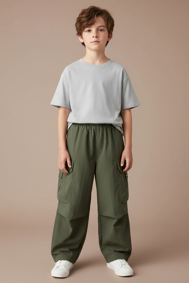 Pantalon Parachute Kaki Cargo Ample Garçon Uni - Polyester