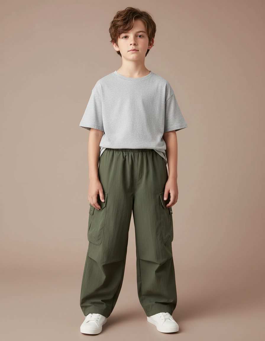 Pantalon Parachute Kaki Cargo Ample Garçon Uni - Polyester