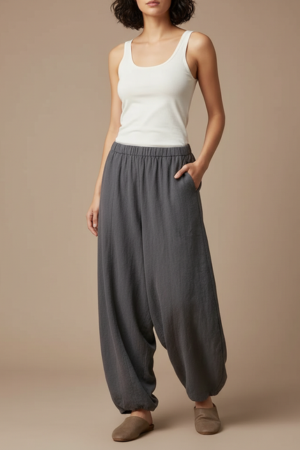 Pantalon Parachute Gris Lin Ample Femme Vintage