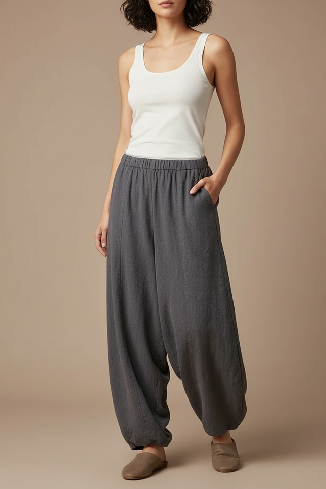 Pantalon Parachute Gris Lin Ample Femme Vintage