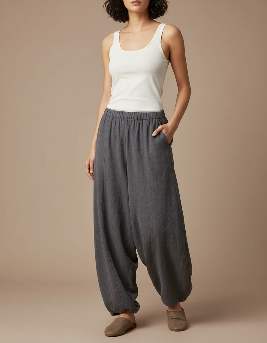 Pantalon Parachute Gris Lin Ample Femme Vintage