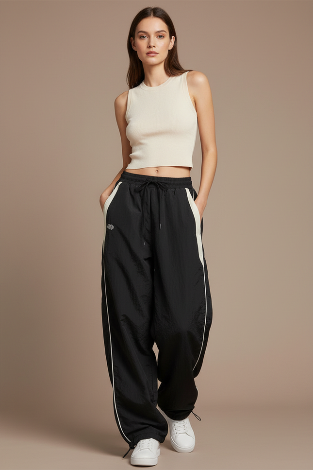 Pantalon Parachute Noir Ample Rayures Streetwear Femme - Polyester