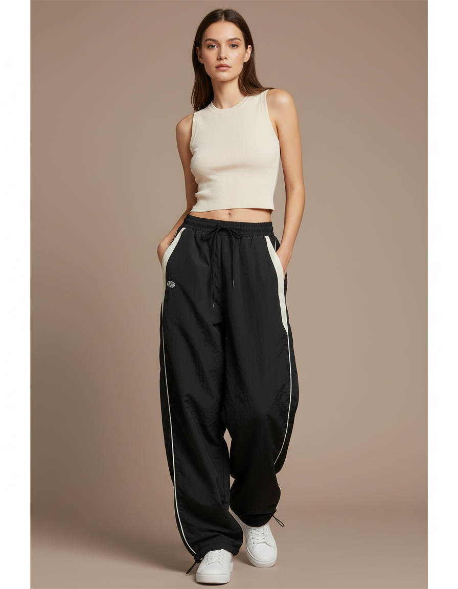 Pantalon Parachute Noir Ample Rayures Streetwear Femme - Polyester