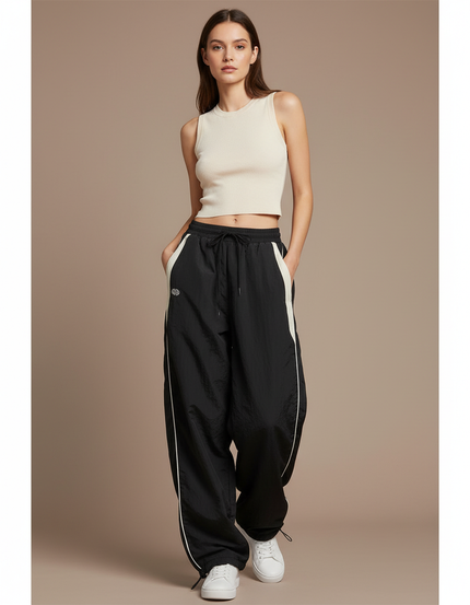 Pantalon Parachute Noir Ample Rayures Streetwear Femme - Polyester