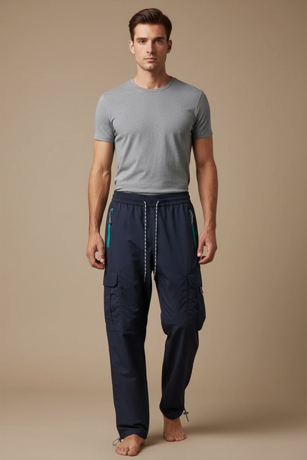 Pantalon Parachute Bleu Marine Cargo Léger Sportif Homme - Polyester