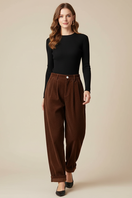 Pantalon Parachute Marron Côtelé Ample Vintage Femme - Cordé