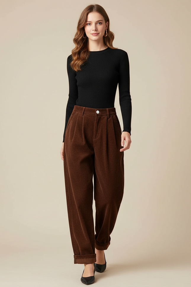 Pantalon Parachute Marron Côtelé Ample Vintage Femme - Cordé