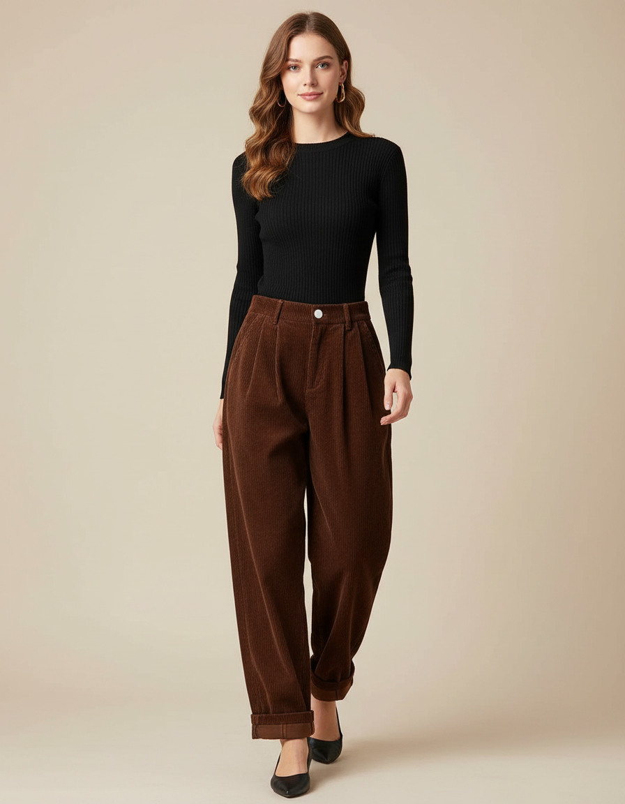 Pantalon Parachute Marron Côtelé Ample Vintage Femme - Cordé