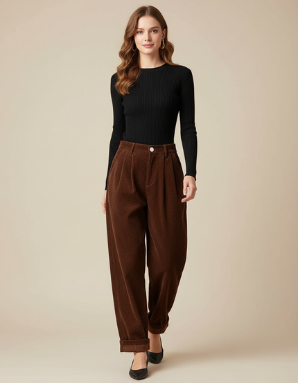 Pantalon Parachute Marron Côtelé Ample Vintage Femme - Cordé