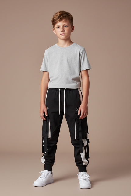Pantalon Parachute Noir Cargo Cordon Ample Garçon - Polyester