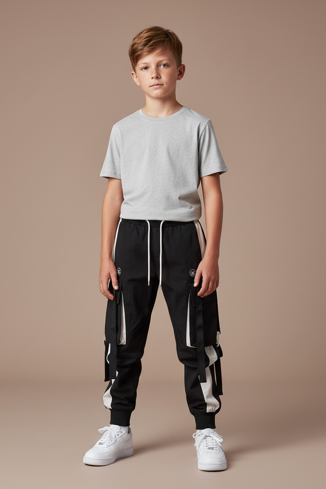 Pantalon Parachute Noir Cargo Cordon Ample Garçon - Polyester