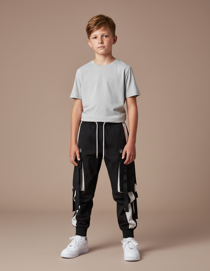Pantalon Parachute Noir Cargo Cordon Ample Garçon - Polyester