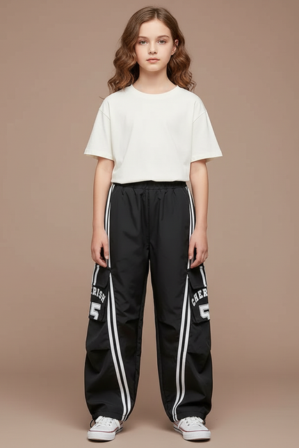 Pantalon Parachute Noir Cargo Rayures Blanches Ample - Polyester
