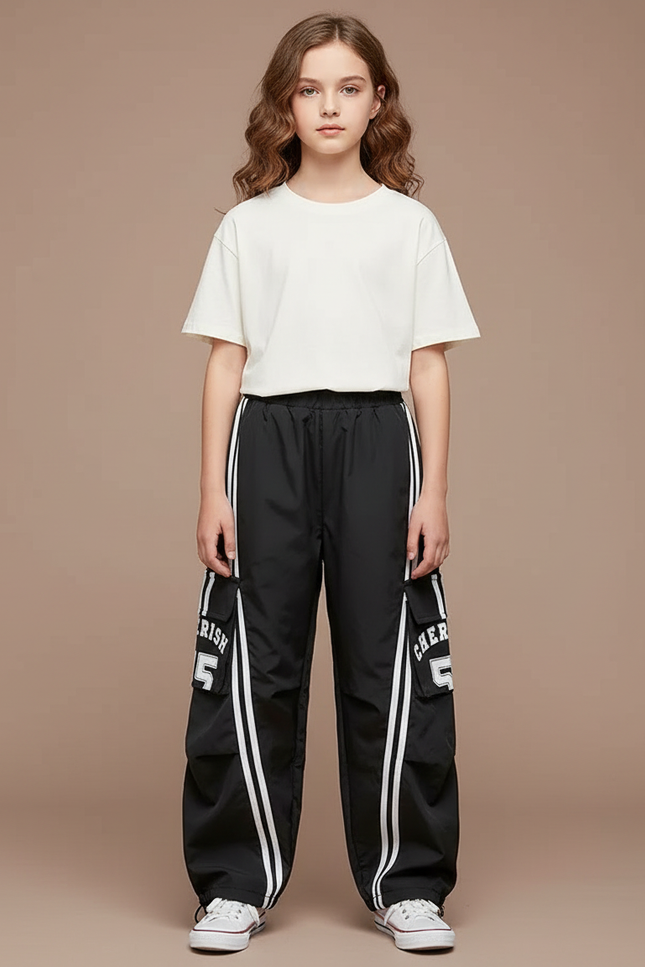 Pantalon Parachute Noir Cargo Rayures Blanches Ample - Polyester