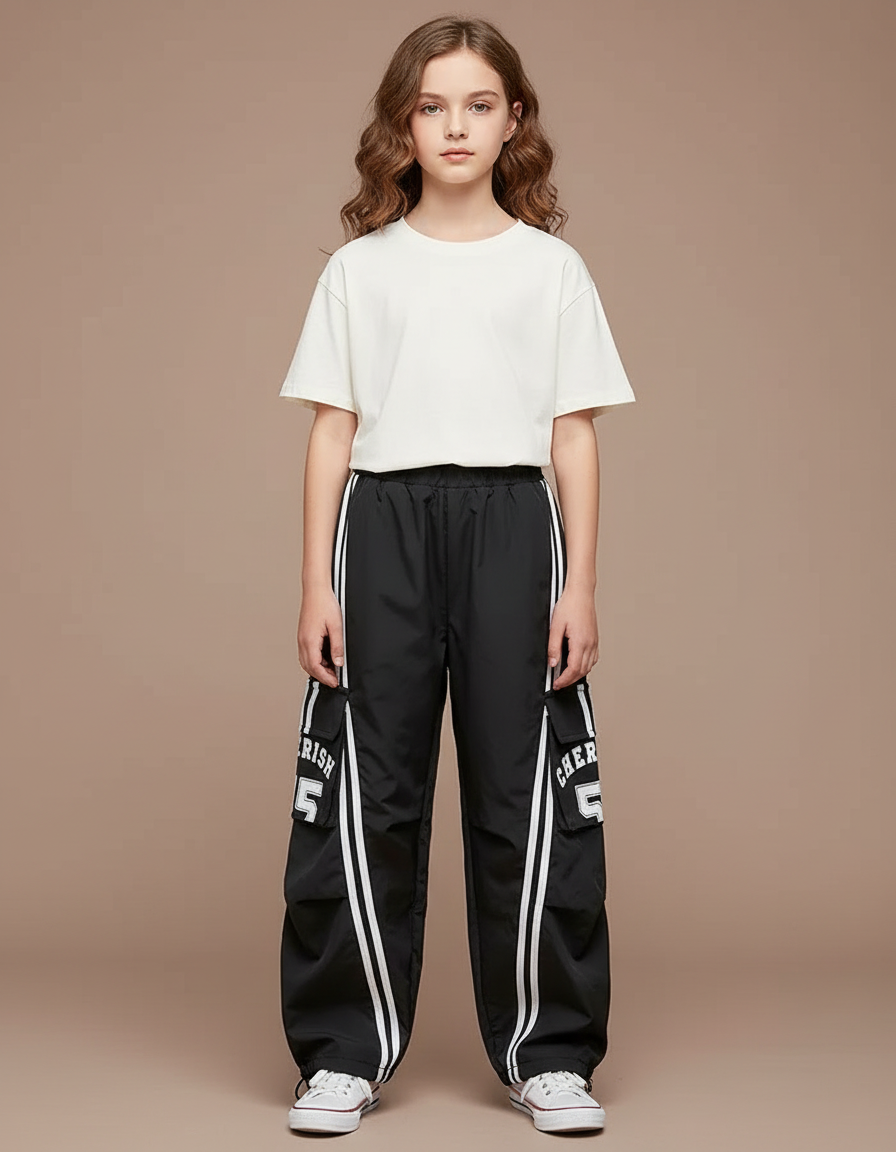 Pantalon Parachute Noir Cargo Rayures Blanches Ample - Polyester