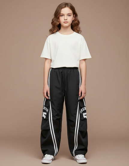 Pantalon Parachute Noir Cargo Rayures Blanches Ample - Polyester