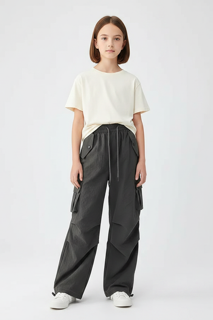 Pantalon Parachute Gris Cargo Ample Enfant - Polyester