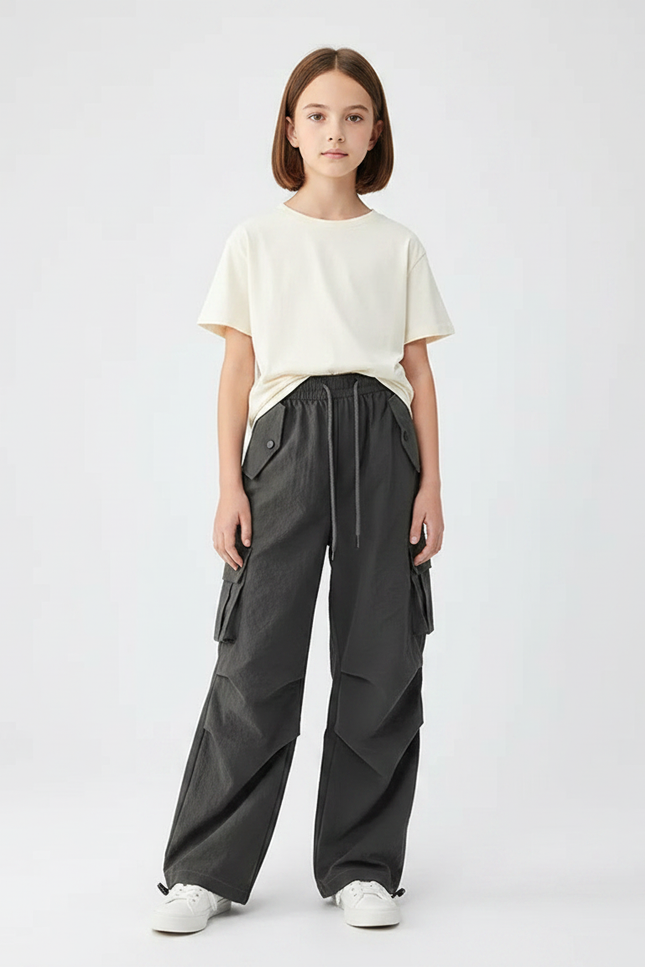 Pantalon Parachute Gris Cargo Ample Enfant - Polyester