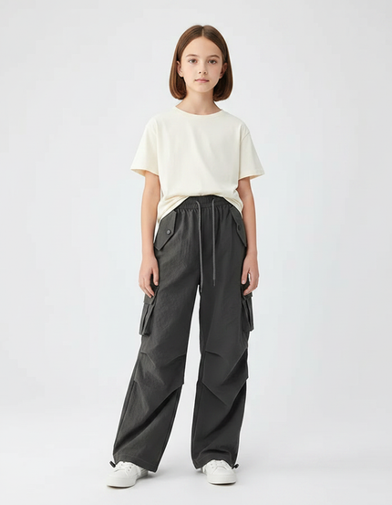 Pantalon Parachute Gris Cargo Ample Enfant - Polyester