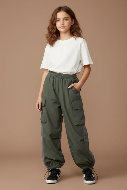 Pantalon Parachute Kaki Cargo Ample Nylon Enfant - Polyester