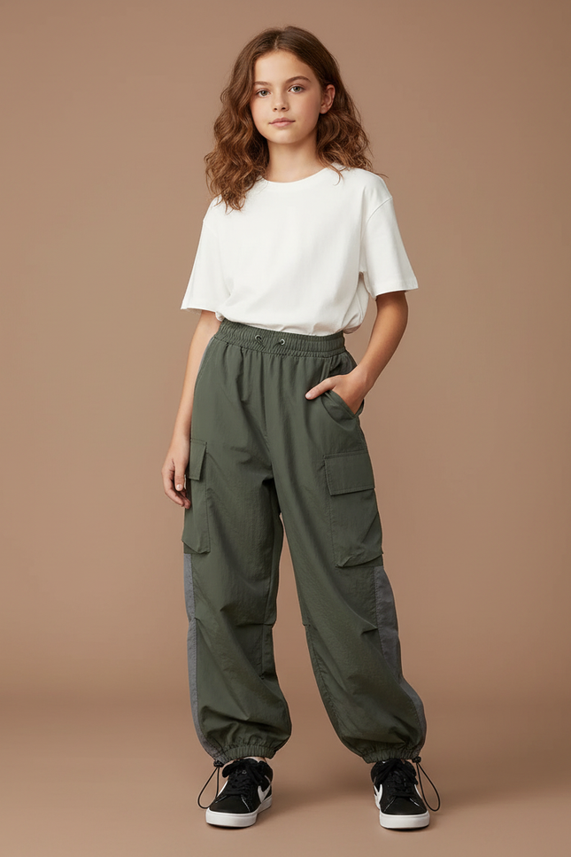Pantalon Parachute Kaki Cargo Ample Nylon Enfant - Polyester