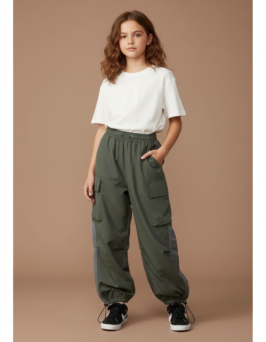 Pantalon Parachute Kaki Cargo Ample Nylon Enfant - Polyester