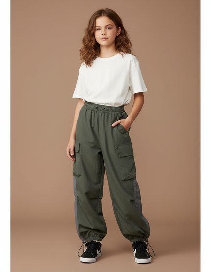 Pantalon Parachute Kaki Cargo Ample Nylon Enfant - Polyester