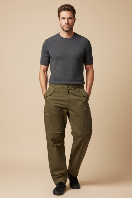 Pantalon Parachute Kaki Cargo Coton Homme Décontracté