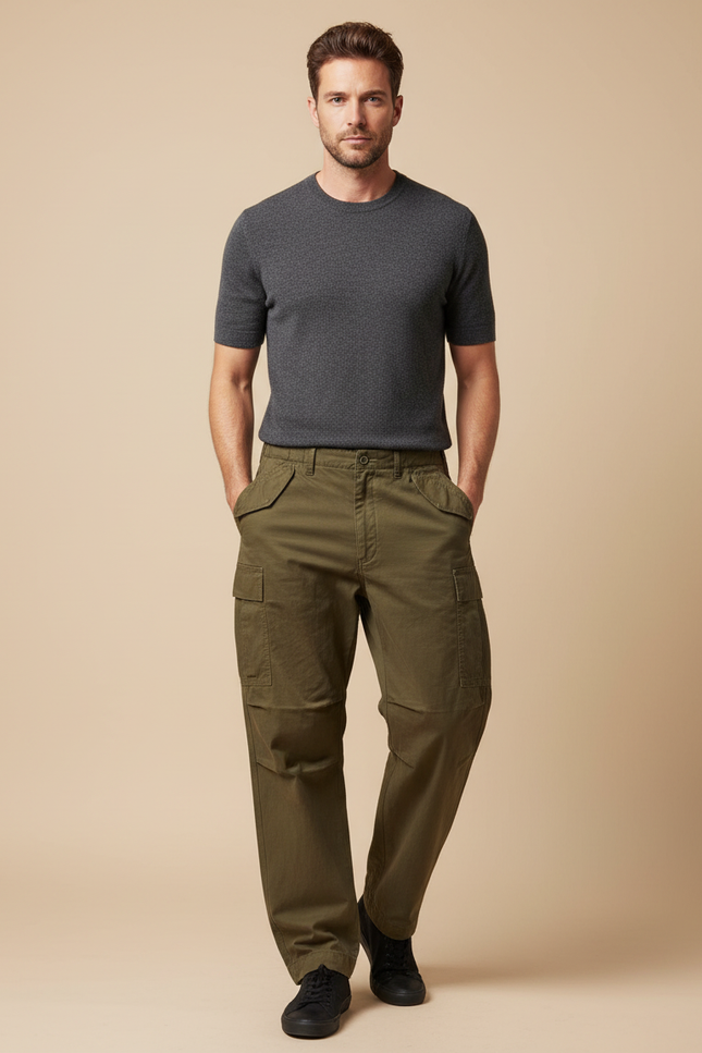 Pantalon Parachute Kaki Cargo Coton Homme Décontracté