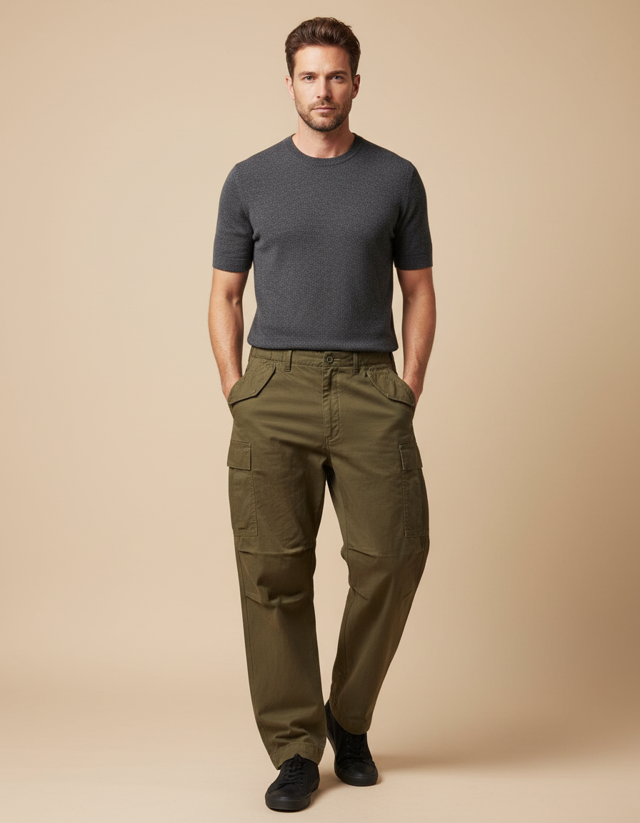 Pantalon Parachute Kaki Cargo Coton Homme Décontracté