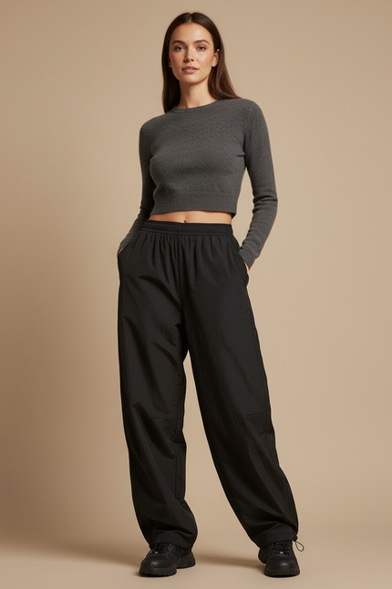 Pantalon Parachute Noir Ample Fluide Décontracté Femme - Polyester