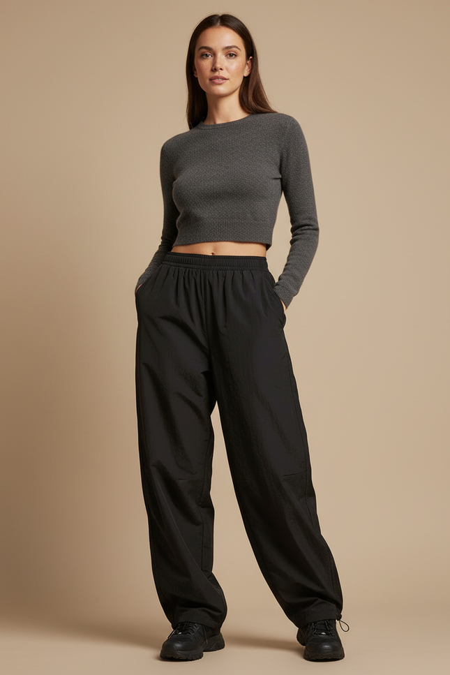 Pantalon Parachute Noir Ample Fluide Décontracté Femme - Polyester