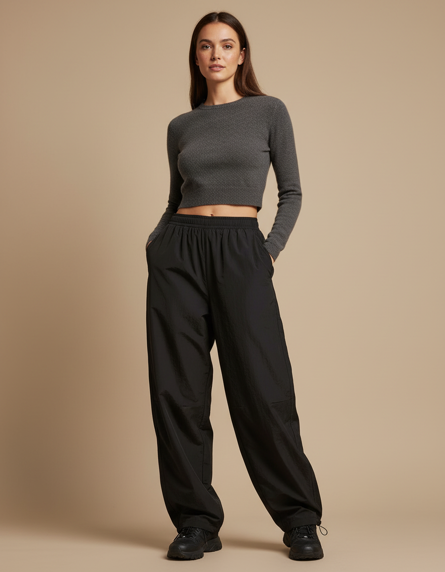 Pantalon Parachute Noir Ample Fluide Décontracté Femme - Polyester