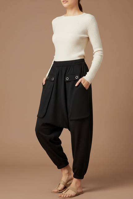 Pantalon Parachute Noir Fluide Ample Décontracté Oeillets - Polyester