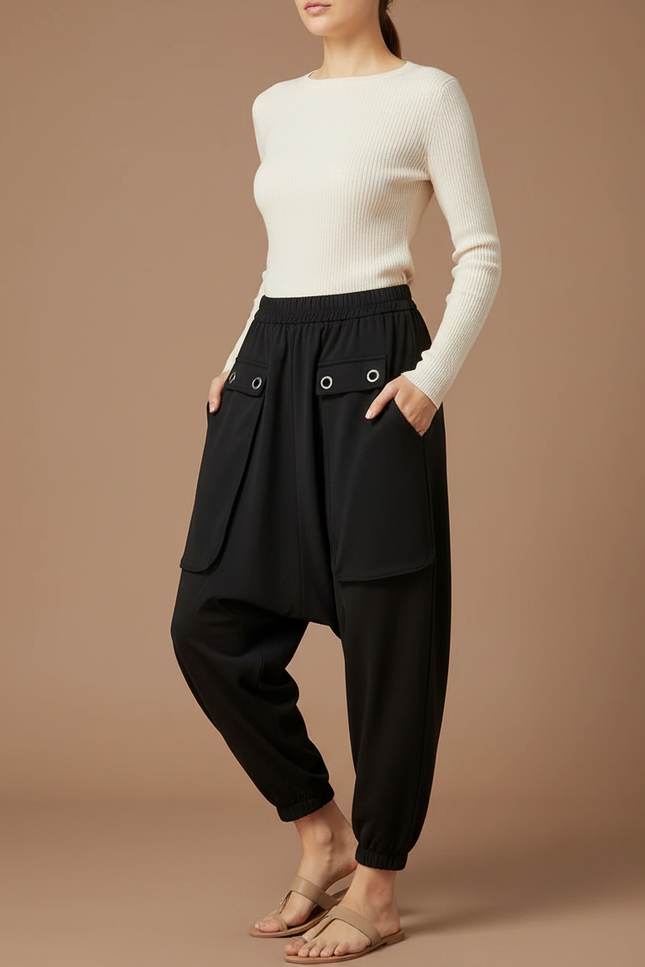 Pantalon Parachute Noir Fluide Ample Décontracté Oeillets - Polyester